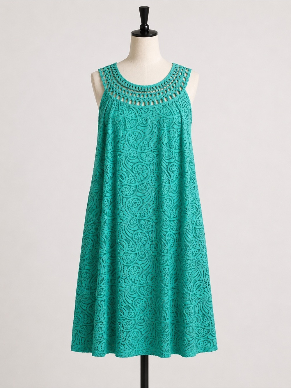 Jessica Howard Women’s 10 Turquoise Paisley Sleeveless Dress Crochet Neckline